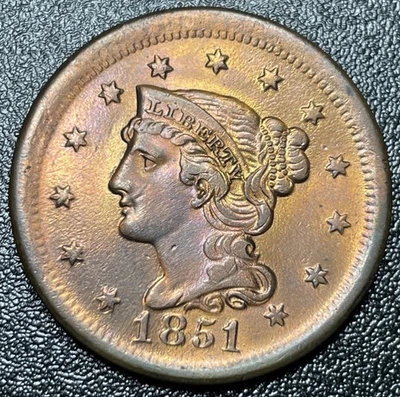 1851 cabelo trançado centavo grande 1c escolha XF detalhe limpo - Imagem 1 de 2