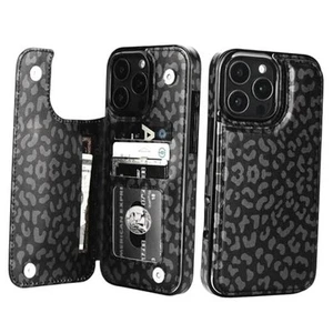 for iPhone 16 Pro Max Wallet Case with Card Holder, Black Leopard Cheetah - Photo 1/7