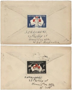 Australia Two 1945 (ca) Covers w/Diff 1d Red Cross Labels, 3 1/2d Rates - Picture 1 of 2