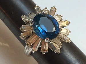 Vtg 18kt HGE White Gold Blue CZ Rhinestone Cocktail Statement Bling Ring 6.75 - Picture 1 of 13
