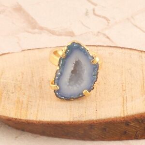 Beautiful Blue Prong Set Geode Druzy Gold Electroplated Handmade Adjustable Ring