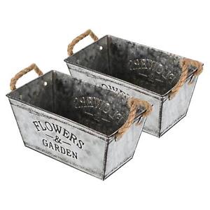 2pcs 8"x4.5" Metal Bucket with Rope Handles Square Flowerpot Planter Container