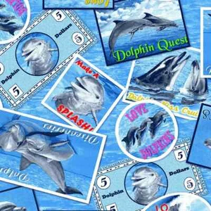 Make a Splash Dolphins Collage Text Ocean Waves Fabric OOP By the FQ - 1/4 YD - Picture 1 of 6
