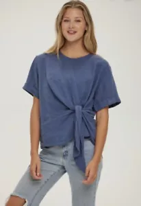Becasa Women’s Sz Small Short Sleeve Shirt 100% Linen Blue Catalina Tie - Picture 1 of 7