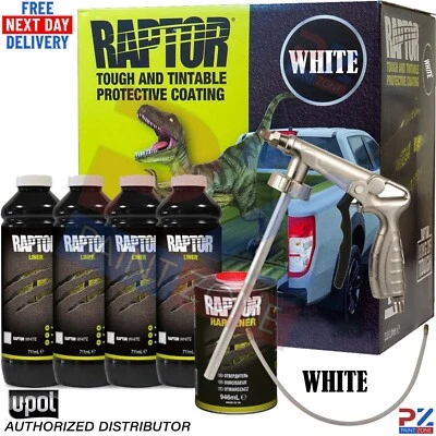 U-POL UPOL RAPTOR WHITE BED LINER TOUGH 4 BOTTLE KIT SCHUTZ + APPLICATOR SPRAY GUN