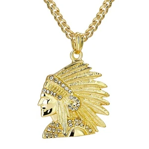 Indian Head Cubic Zirconia 14k Gold Plated Pendant 24" Cuban Link Chain Hip Hop - Picture 1 of 7