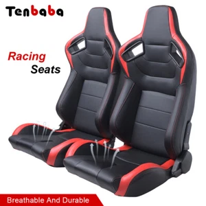 1 Pair Universal Racing Seats Black & Red Faux Leather Bucket Reclinable Seats - Picture 1 of 12