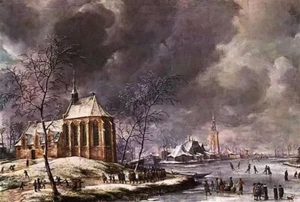 Oil painting beerstraten - village of nieukoop in winter & child funeral canvas - Picture 1 of 1