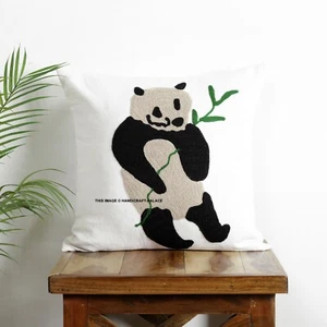 Panda Suzani Embroidered Cushion Cover Black Indian Decorative Pillow Case 16" - Picture 1 of 3