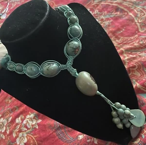1970s Macrame Cord Choker Necklace Petrified Wood Beaded Blue Turquoise Boho Vtg - Picture 1 of 6