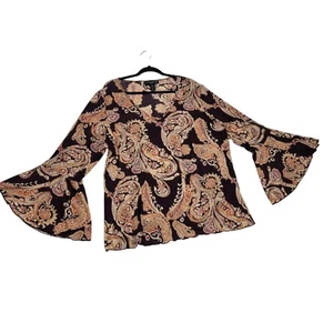 90's Venezia Top Plus Size 18/20 Blouse Plum Paisley V-neck Bell USA Made - Picture 1 of 13