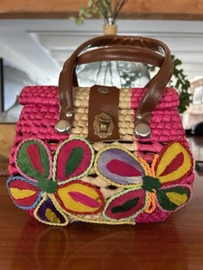 Vintage Woven Rattan Straw Small Handbag/Purse With Flowers & Leaves EUC - Picture 1 of 9