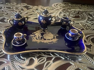 Vintage Limoges CASTEL France Miniature Porcelain Cobalt Blue/Gold 10 PC Tea Set - Picture 1 of 5