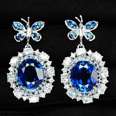 Eleganti orecchini in oro bianco argento sterling 925 ovale con zaffiro blu... - Immagine 1 di 4