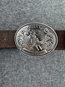 Ariat Boys Oval Silver Buckle Rodeo Champion Brown Leather Belt Size 22 Cowboy - Picture 1 of 23