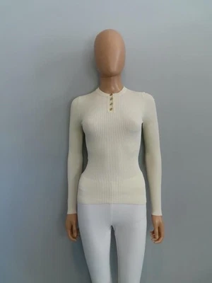 GUCCI Ecru Ribbed Gold GG Logo Button Crew Neck Pullover Sweater Size XS - Image 1 of 4