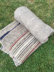 Antique Vtg Camp Double Striped Woven WOOL BLANKET Rug Primitive Textile fabric - Picture 1 of 12