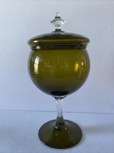 Olive Green Art Glass Apothecary Jar Clear Stem 14” tall Empoli Italy? - Picture 1 of 7
