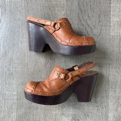 Heeled Chestnut Brown Leather Slingback Clogs Size 5 - Image 1 of 4