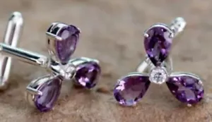 Gemelli trifoglio diamante argento sterling Novica .925 ametista naturale viola zirconia - Foto 1 di 6