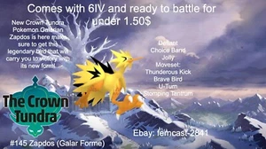 Pokemon Sword And Shield Shiny Galarian Zapdos 6IV Battle Ready Fast Delivery - Picture 1 of 6