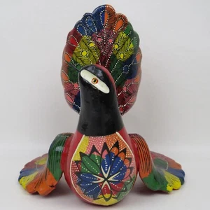 Heavy Clay Pottery Peacock Figurine Statue 6x5x6" Handmade Hand Painted Folk Art - Picture 1 of 14