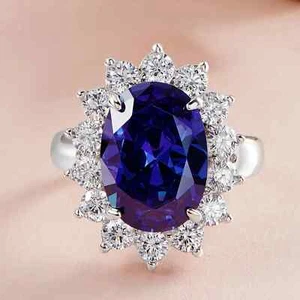 4CT Oval Simulated Blue Sapphire & Diamond Halo Wedding Ring 925 Sterling Silver - Picture 1 of 5