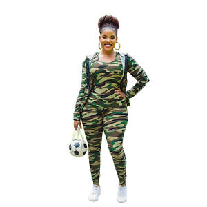 NEW Women Stylish Long Sleeves Camouflage Print Patchwork Jumpsuit 3pcs Club