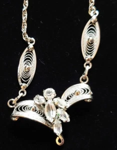 Sterling Silver Necklace Signed Am Lee Crystal Filigree Wedding Necklace wh03-30 - Picture 1 of 7