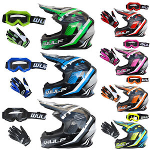 Wulf Kids Motocross Helmet & Straos Gloves Goggles Race Off Road Off Road Pro