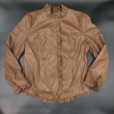 Hot in Hollywood Tan Brown Faux Leather Jacket With Ruffles & Pockets Size XL - Image 1 of 4