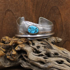 Unusual Shape Turquoise and Sterling Silver Vintage Cuff Bracelet+ - Picture 1 of 6