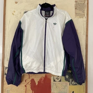 VTG Adidas Nylon Windbreaker Mens Medium White Blue sleeve green trim - Picture 1 of 6