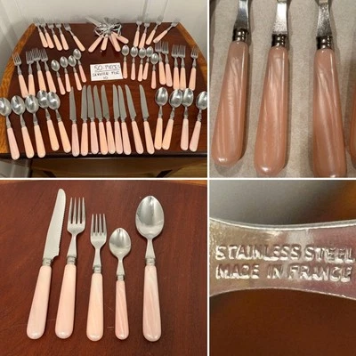 Vintage opalisierend Kaugummi rosa 50-teilig / Service für 10 Besteckset Frankreich - Bild 1 von 4