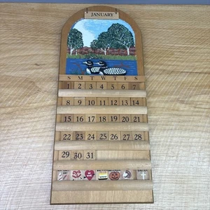 Wood Perpetual Wall Calendar Loons Ducks Lake Forest Interchangeable 16.5"x7" - Picture 1 of 6