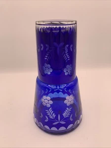 Cobalt Blue Tumble Up Decanter and Drinking Glass Floral EUC - Picture 1 of 10