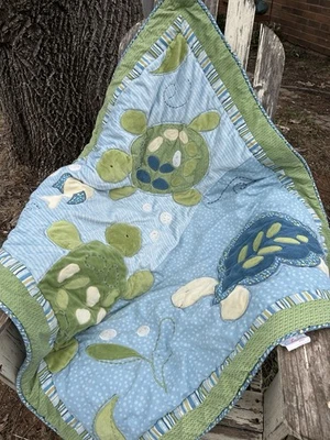 CoCaLo Baby Crib Nursery Blanket Quilt Fish & Turtles Embroidered Quilted Infant - Image 1 of 4