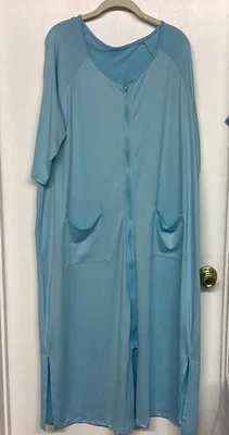 Long Hooded Robe Zip Front 3/4 Sleeves Silky Soft Polyester Elastane XL-2XL Blue - Image 1 of 4