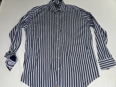 Thomas Dean Size XXL Blue Stripe Dress Shirt Cuffed Sleeve Design Matches Collar - Image 1 of 3