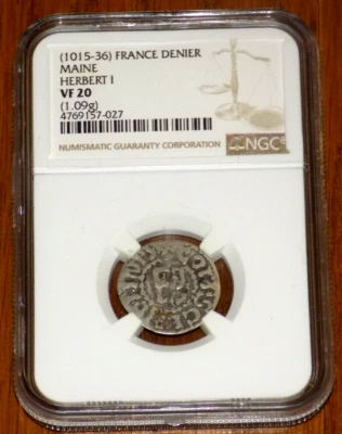 1015-1036 France Maine Silver Denier Herbert I NGC VF 20 Medieval Templar Coin - Image 1 of 4