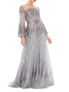 Mac Duggal Platinum Round Neck Long Puff Sleeve Sequin Gown Size 10 $798 - Picture 1 of 3