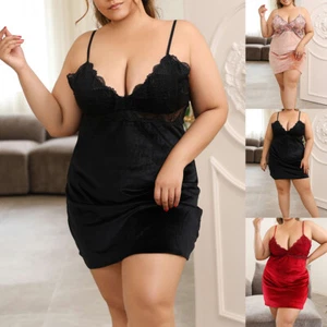 Plus Size Women's Lingerie Sleep Dress V Neck Lace Trim Velvet Cami Nightgown - Picture 1 of 20