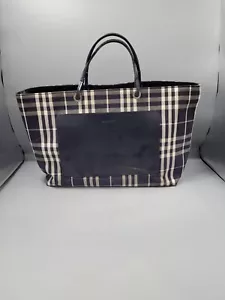 BURBERRY Nova Check Navy Blue Shopper Bag White Shoulder Hand Tote Travel Bag - Picture 1 of 21