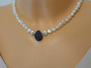 Perlenkette Collier Zuchtperlen Weiß Druzy Bergkristall Tropfen Blau - Bild 1 von 7