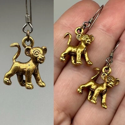 Vtg Disney Lion King Simba Dangling Earrings Brass or Gold Tone Cute Little 3D - Image 1 of 4