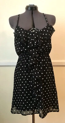Eyelash Couture Black White Polka Dot Chiffon Ruffle Sun Dress Racer Back - S - Image 1 of 4