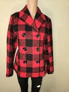 Rampage Carrie Classic Small Double Breast Red & Black Plaid Peacoat Jacket - Picture 1 of 10