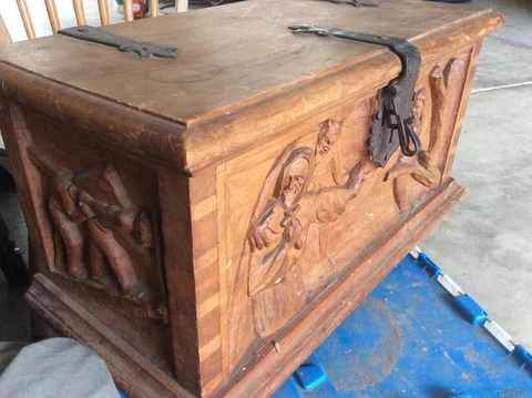 CATHOLIC MISSIONIONARY CHURCH INDIAN 1800’s BOX HAND CARVED DEVIL WOOD CHEST Cover