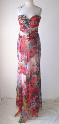 BLUMARINE Floral Silk Chiffon Crystal Jeweled Embellished Dress Gown 44 8 - Image 1 of 4