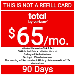 Total Wireless Prepaid $65 5G+ Unlt'd Talk, Text, Data & Hotspot Plan - 90 Days - Zdjęcie 1 z 3